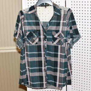 Plus Size 3X Always Indigo Turquoise Plaid Faux Flannel Short Sleeved Lace Top